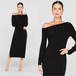 Kay Unger Imani Beaded Long Sleeve Midi Dress black, SIZE LARGE